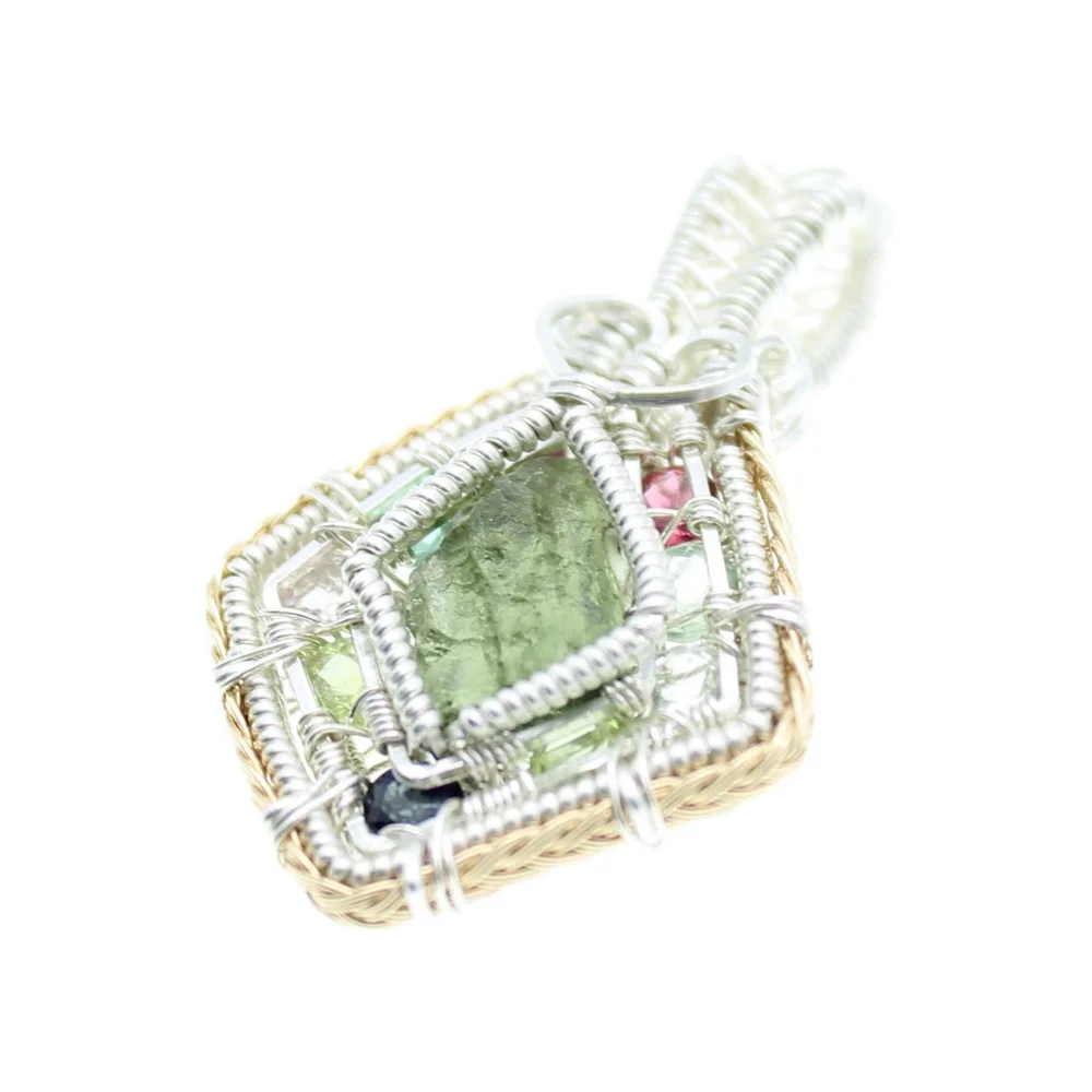 Handmade Moldavite & Tourmaline Pendant – Sterling Silver Crystal Necklace - Picture 3 of 10